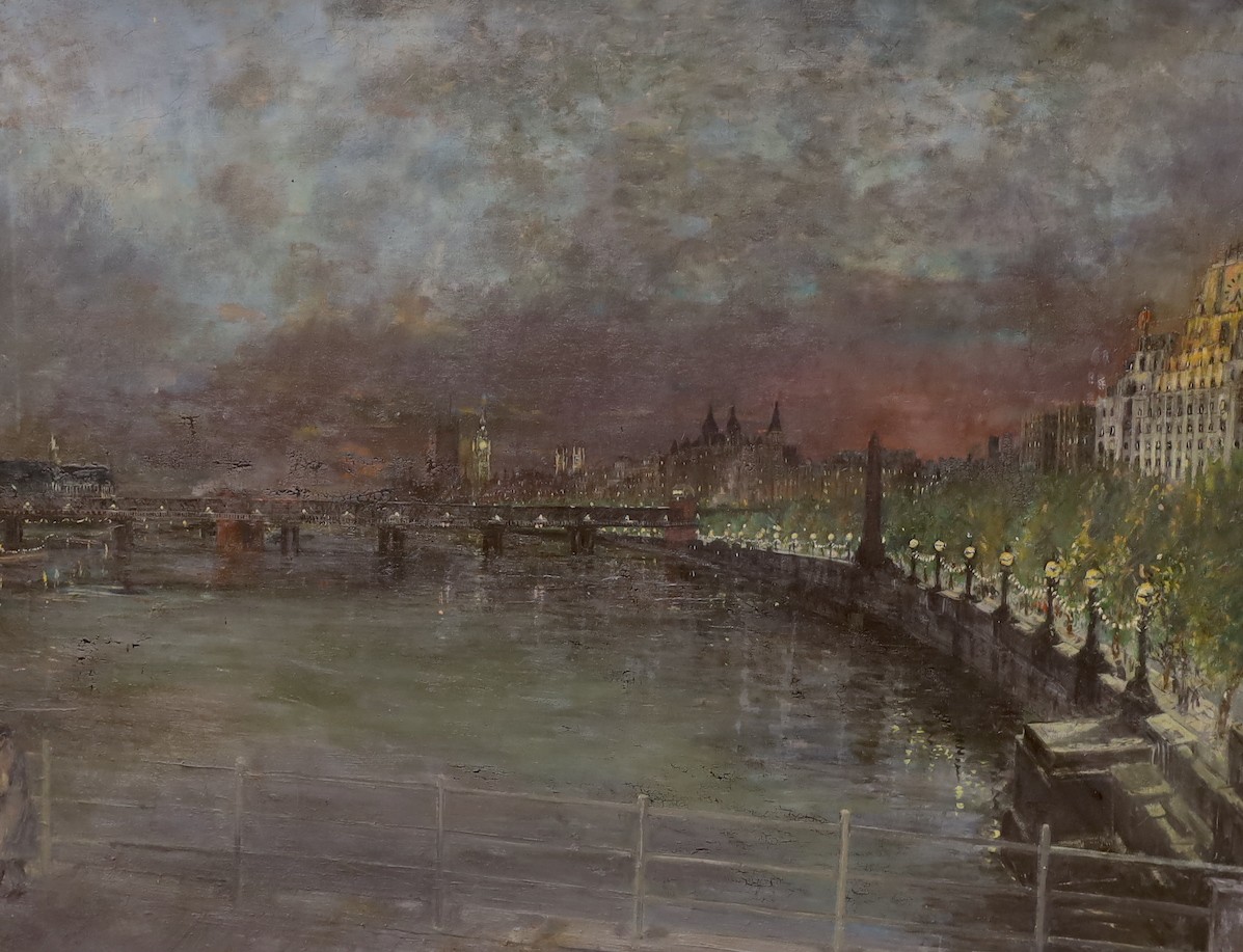 Antony Kerr (b.1924), oil on canvas, 'Charing Cross Railway from Waterloo Bridge', signed and inscribed verso, 76 x 97cm